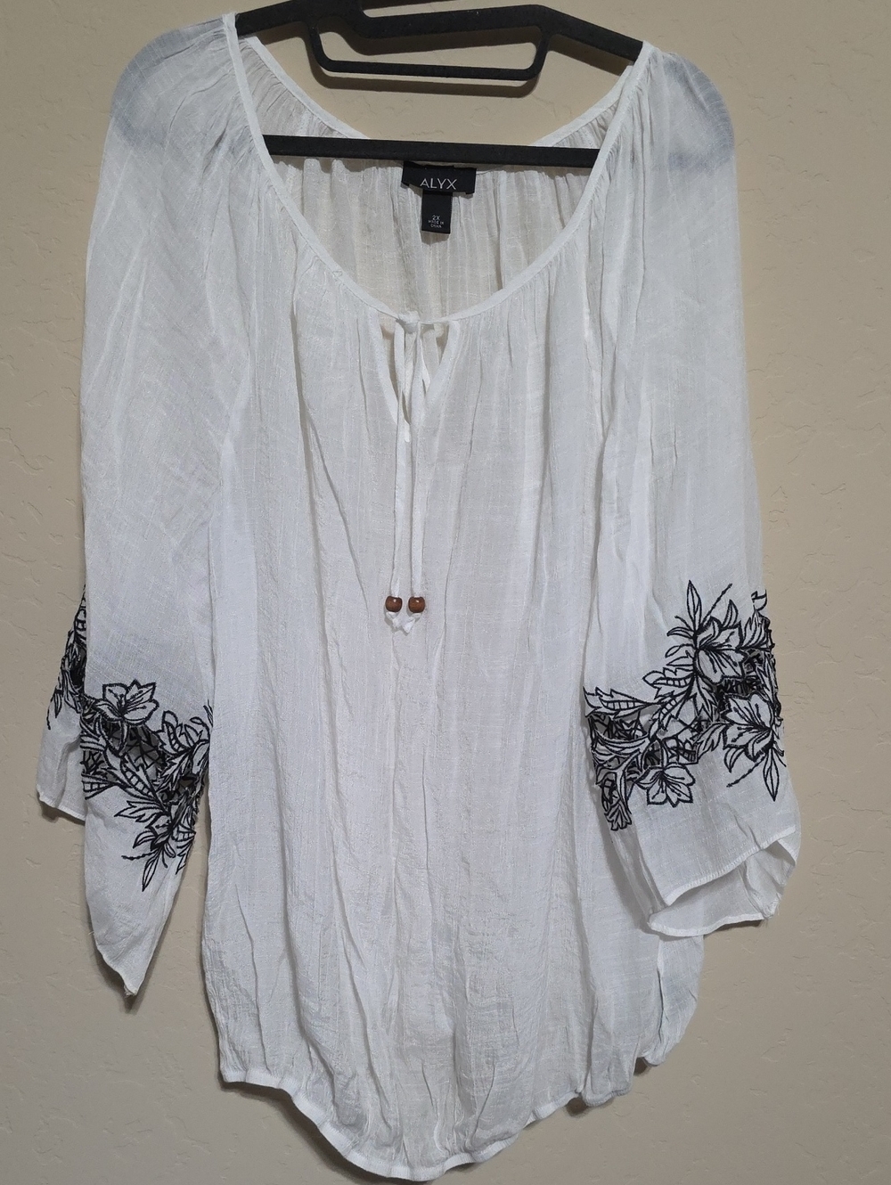 ALYX White Peasant Tunic with Black Floral Sleeve Embroidery